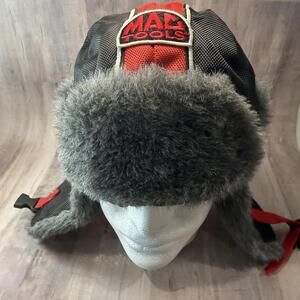 Mac Tools Winter Trapper Hat Red Black Faux Fur Warm Ear Flap EUC